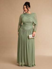 SHEIN BAE 大码女式咖啡棕色长袖网纱针织不对称连衣裙 - 薄荷綠 - 查看 7