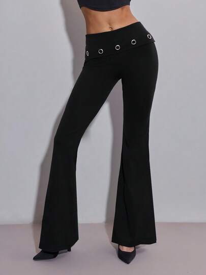 SHEIN ICON 修身喇叭裤，腰部饰有金属孔眼