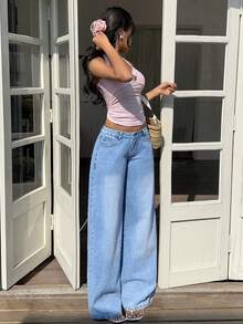 Sunnyshic 女士休闲花卉刺绣宽松直筒牛仔裤，适合度假和外出穿着 - 藍色 - 查看 7