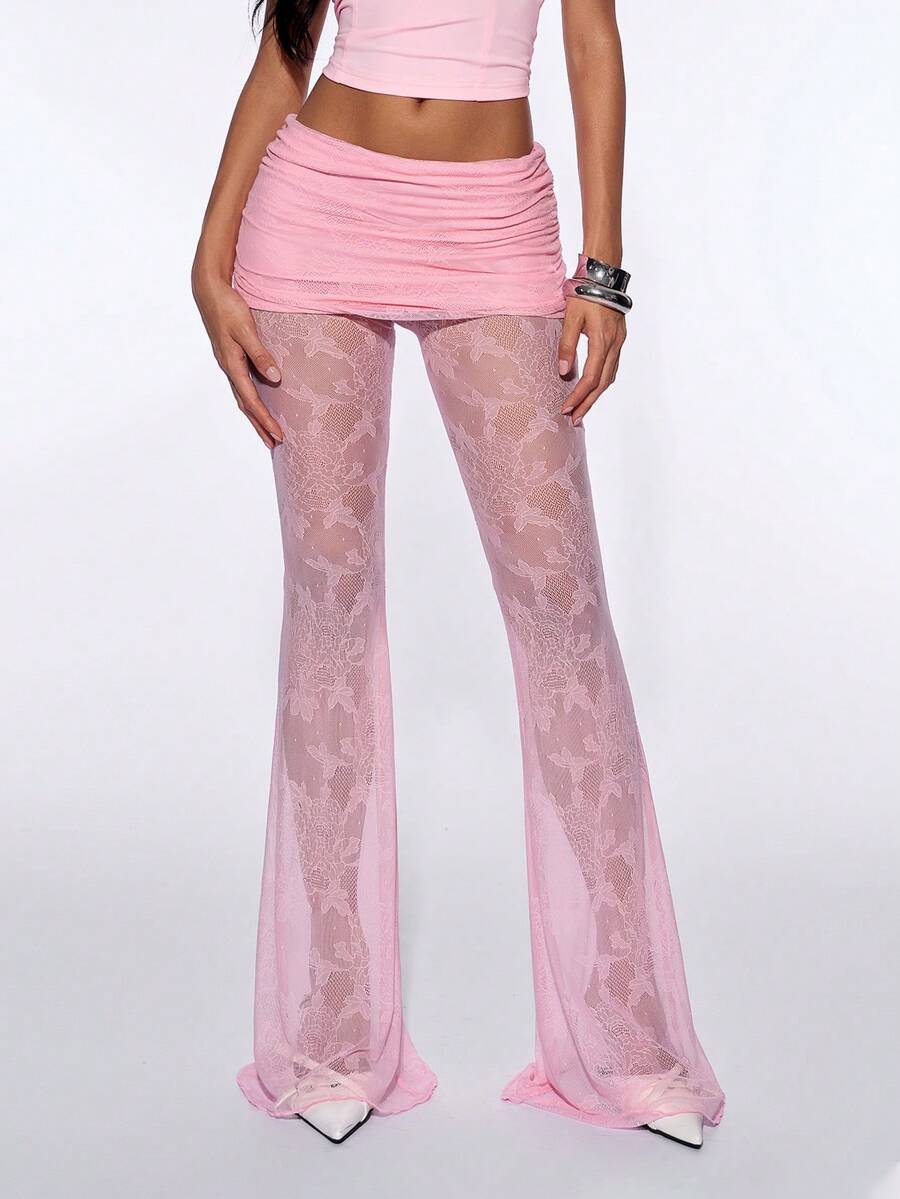 Sweetina Sexy Foldover Waist Lace Sheer Elegant Flare Pants - Baby Pink - View 1