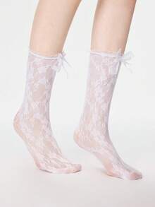 ROMWE Kawaii 1 Pair Of Empty Lace Socks; Pollen With Bow For Romantic Atmosphere - BKR - View 4