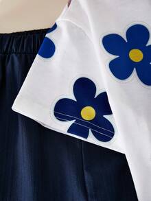 Sparklyn 2件套女童碎花印花T恤和高腰纹理阔腿裤套装 - 藏蓝色 - 查看 4