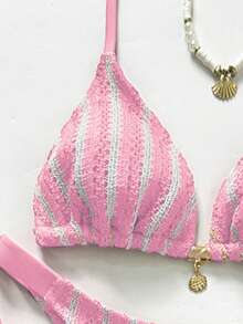 SHEIN Swim Chicsea 女士夏季沙滩条纹吊带性感比基尼泳装套装，含罩衫裤，女士泳衣套装，夏季休闲套装，女士泳装套装，女士沙滩套装，两件式沙滩套装 - 粉色 - 查看 4