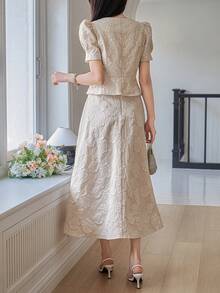 DAZY Bộ đồ 2 món dành cho nữ, gồm áo cardigan cổ tròn tay ngắn tay phồng và chân váy dài, kiểu dáng thanh lịch, thường ngày, thích hợp cho các buổi tiệc. - Màu be - Xem 5