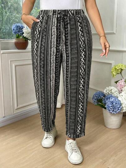 EMERY ROSE Plus Size Women Minimalist Printed Fold-Over Pants