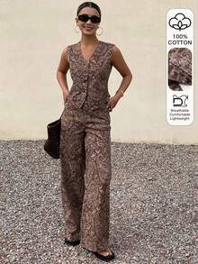 DAZY Sleeveless V-Neck Casual Top & Cashew Flower All-Over Print Casual Pants Women Denim Suit - Brown - View 1