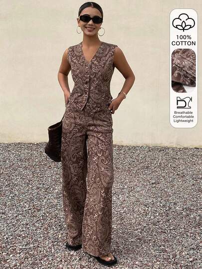 DAZY Sleeveless V-Neck Casual Top & Cashew Flower All-Over Print Casual Pants Women Denim Suit