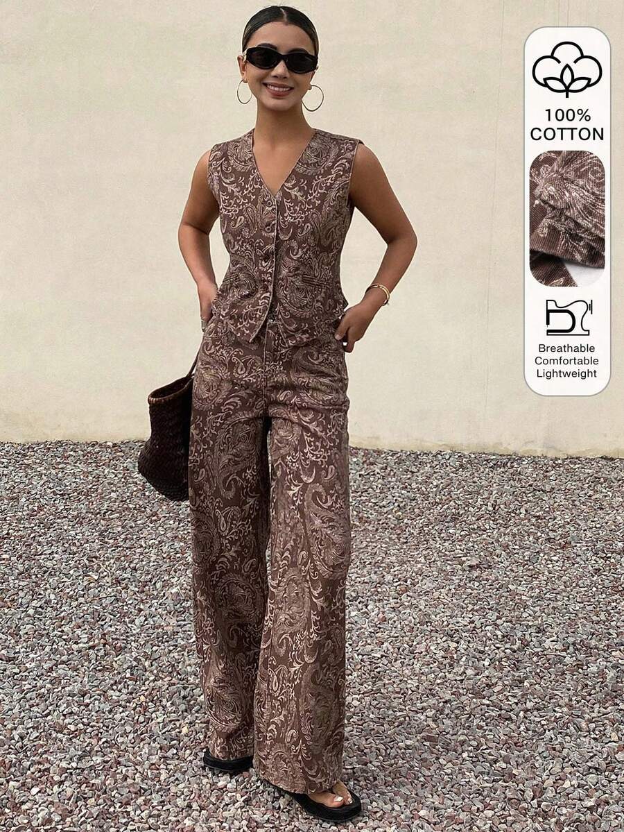DAZY Sleeveless V-Neck Casual Top & Cashew Flower All-Over Print Casual Pants Women Denim Suit - Brown - View 1