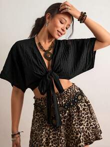 Freevana Plus Size Solid Color Casual Tie-Up Shirt, Summer Tops - Black - View 1
