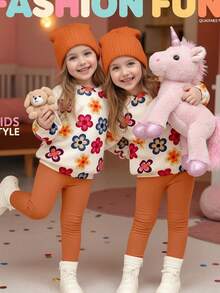 SHEIN Bộ đồ Happikins màu trắng kem và cam caramel, họa tiết hoa retro nhiều màu sắc dễ thương, chất liệu dày dặn, mềm mại, ấm áp dành cho bé gái, gồm áo nỉ dài tay cổ tròn và quần, thích hợp cho mặc hàng ngày vào mùa thu/đông, đi học, nghỉ lễ, và năm mới. - Nhiều màu - Xem 3