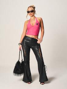 Missguided x Playboy Faux Leather Lace-Up Flare Pants With Side Eyelet Details High-Rise Wide Leg Bootcut Festival Boho Gothic Style Fall Winter - Black - View 3