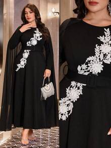 Modelyn 大码女士优雅雪纺长袖连衣裙/撞色连衣裙 - 黑色 - 查看 1