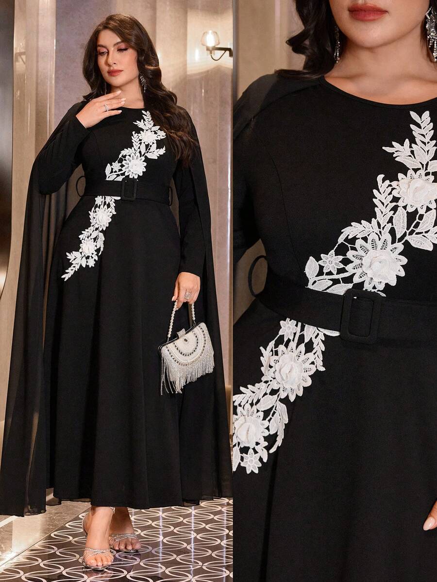 Modelyn 大码女士优雅雪纺长袖连衣裙/撞色连衣裙 - 黑色 - 查看 1