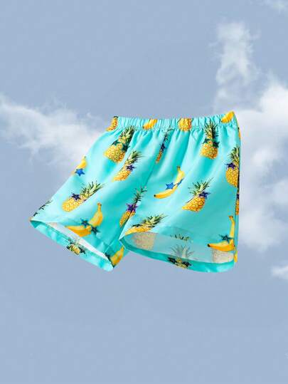SHEIN Tween Boy Casual Pineapple Print Loose Shorts, Beach Pants, Swim Trunks, Suitable For Surfing, Skateboarding, Spring/Summer, Outdoor, Beach, Swimming, Green