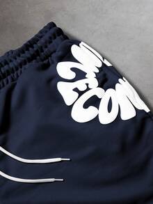 SLATEMANN Men's Letter Print Drawstring Waist Casual Versatile Shorts - Navy Blue - View 4