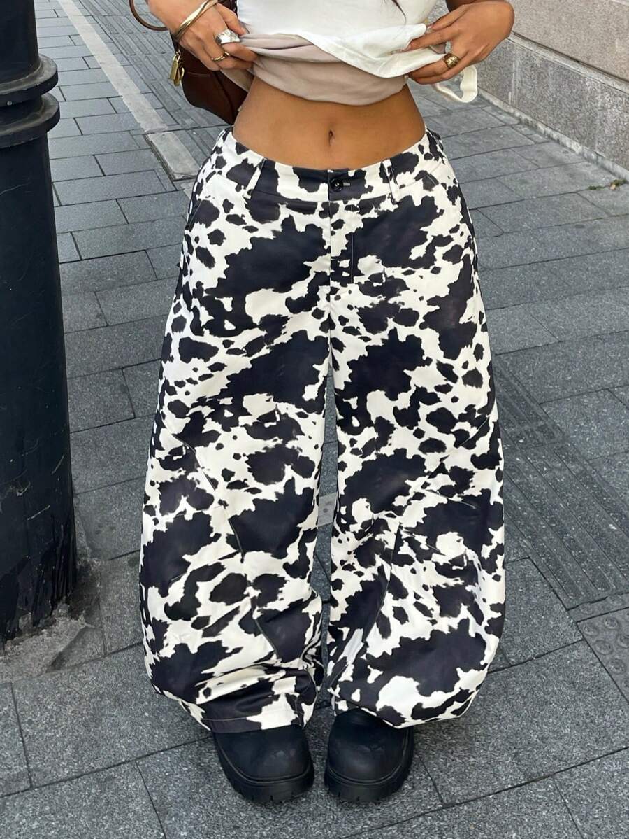 Coolane Women's Summer Western Wear Cowgirl Streetwear Concert Y2K Cow Print Low Rise Baggy Pants - Black - View 1