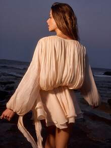 Opulessa 度假风宽松纯色长袖女式迷你连衣裙 - 杏色 - 查看 2