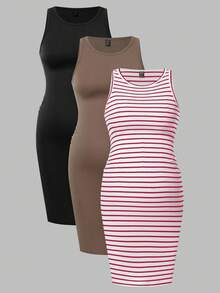 Modmama Maternity Solid Color + Striped Print Round Neck Fitted Sleeveless Dress - Red - View 4