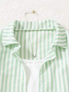 Sparklyn 2pcs/Set Big Girls' Spring/Autumn Striped Long Sleeve Shirt & Loose Light Blue Denim Jeans, Sweet Casual Outfit For Daily Wear - Green - View 4