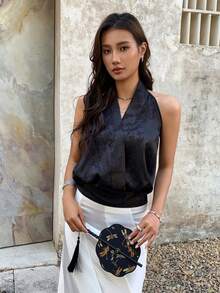 EastFlair 女士时尚新款中国风露背吊带无袖上衣，适合夏季假期、春季女性、度假女性、海滩度假、外出、夏季上衣、沙滩上衣 - 黑色 - 查看 3