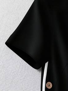 EMERY ROSE Plus Size Contrast Color Trim Short Sleeve Casual Shirt, Summer - Black and White - View 4