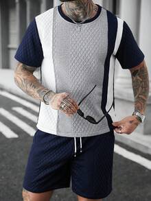Manfinity Homme Men's Contrast Color Round Neck Casual Short Sleeve T-Shirt, Summer - Multicolor - View 3