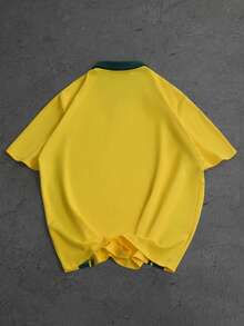 Manfinity Campus Court 男士休闲时尚街头通勤字母巴西国旗印花撞色条纹短袖Polo衫，夏季 - 彩色 - 查看 2