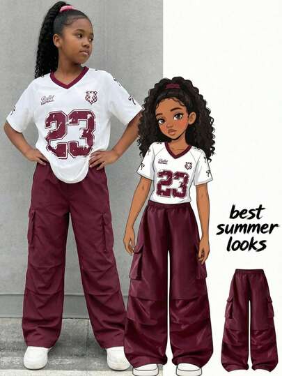 SHEIN ChillGRL 2 pezzi/Set Maglietta grafica con maniche raglan e pantaloni cargo in stile patchwork per ragazze pre-adolescenti, HYPEME Tween Girl