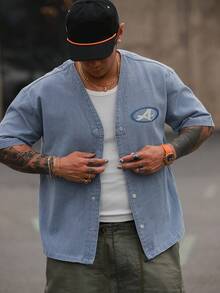 DAZY Men's Letter Print Short Sleeve Washed Denim Jacket, Summer - Blue - View 2