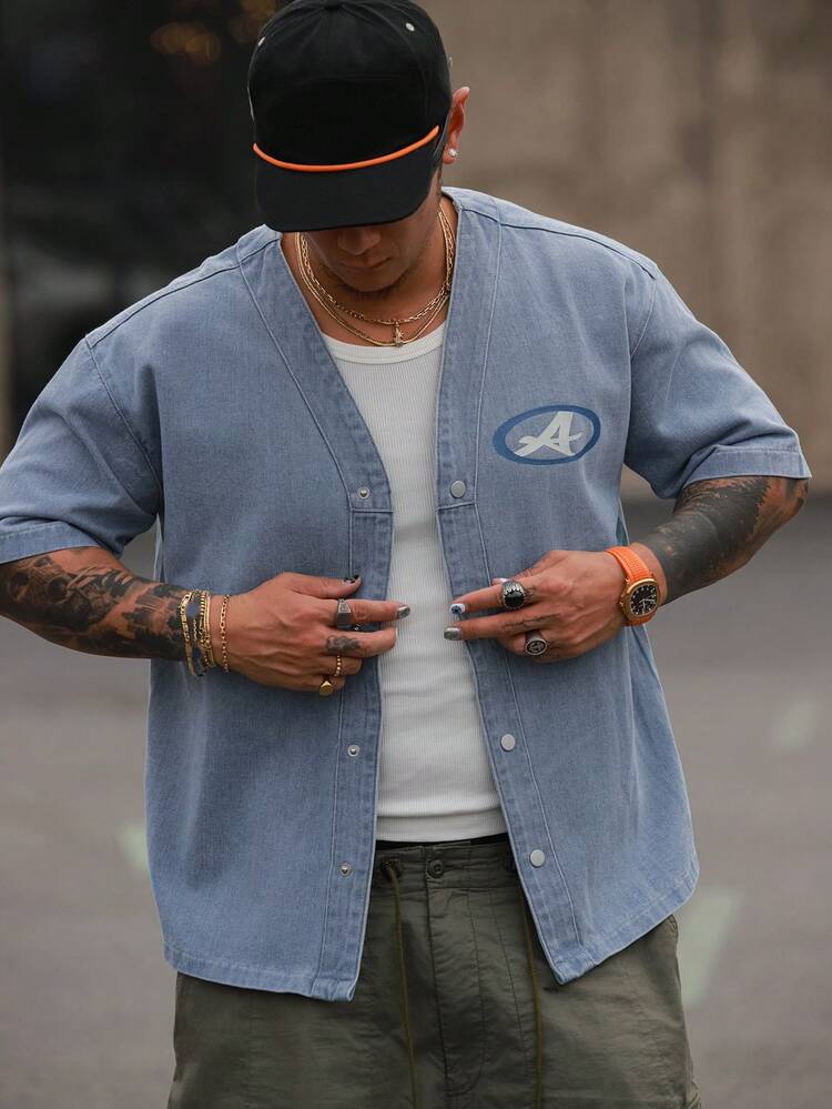 Men's Letter Print Short Sleeve Washed Denim Jacket, Summer