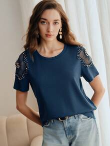 Anewsta Solid Color Round Neck Beaded Mesh Hollow Shoulder Design Short Sleeve Slim Fit Women T-Shirt - Navy Blue - View 5