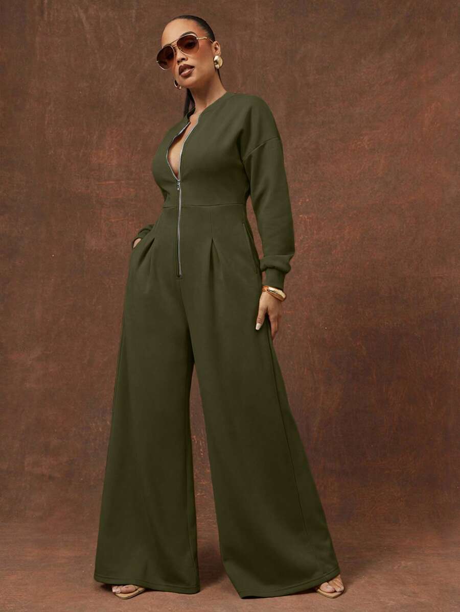 Vixey 浅灰色重磅抓绒卫衣长袖阔腿连体裤 - 軍綠色 - 查看 1