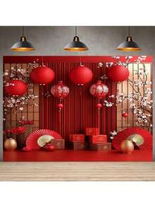 单件装中国新年红灯笼背景布 | 涤纶材质，适用于婚礼和庆典的派对装饰 - 紅色 - 查看 4