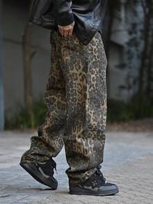 Devon Thys 男士豹纹牛仔裤，复古时尚休闲宽松直筒裤，垃圾摇滚 - 棕色 - 查看 3