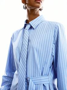 LYSMO 女士休闲不对称下摆条纹长袖衬衫，秋季 - 藍色 - 查看 7