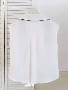 Lyxana Polka Dot Print Tie Collar Sleeveless Splicing Asymmetrical Hem Ruched Loose Women Shirt - White - View 2