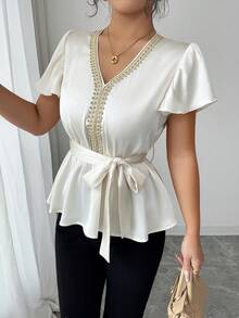 Elenzga Blusa elegante de mujer con cuello en V, lazo, decoración floral y mangas con volantes en línea A, adecuada para citas, primavera/verano - Albaricoque - Ver 2