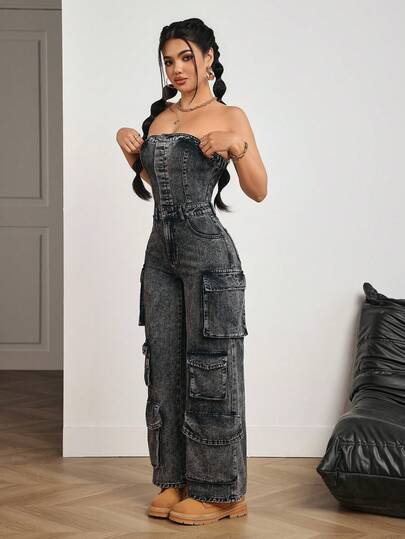 SHEIN PETITE Women's Denim Jumpsuit With Multiple Utility Pockets & Wide Leg