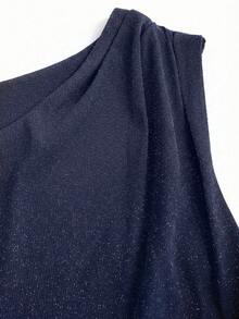 Sweetra Áo tank top nữ dệt kim lấp lánh, dáng ôm bất đối xứng, đa năng cho việc đi lại hàng ngày, mùa xuân/hè. - Màu xanh hải quân - Xem 5