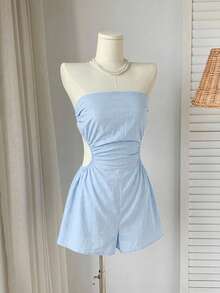 Comfortcana Mono de lino con cortes laterales, cintura fruncida y abdomen descubierto para el verano - Celeste - Ver 8