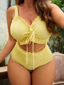 Swim Mod Plus Size Women's Yellow Elegant Ruffle Trim Bikini Top Paired With Regular Triangle Bottoms, Summer Swimwear Set - Yellow - View 6
