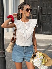 Franclia 时尚按扣半开襟圆领无袖镂空刺绣商务/办公/通勤百搭都市约会派对海滩休闲优雅女式衬衫上衣夏季可爱女式上衣夏季可爱女式衬衫休闲女式上衣优雅法式衬衫 - 白色 - 查看 3