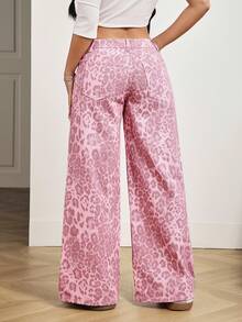 SHEIN PETITE Women's Pocket Button Leopard Print Casual Versatile Daily Wear Wide Leg Jeans - Multicolor - View 2