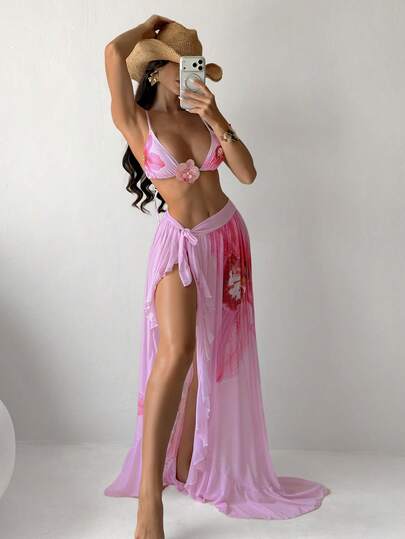 Swim SXY 3pcs/Set Women's Summer Beach Swimsuit, Pink Floral Print Halter Top, Bikini Bottoms, And Maxi Skirt, Sexy Swimming Costume