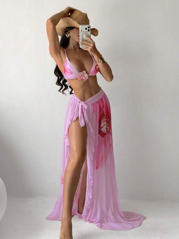 Swim SXY 3pcs/Set Women's Summer Beach Swimsuit, Pink Floral Print Halter Top, Bikini Bottoms, And Maxi Skirt, Sexy Swimming Costume