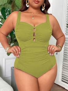 Swim Lushoire 大码女式方领褶皱收腹纯色罗纹连体泳衣，简约日常穿着 - 綠色 - 查看 3