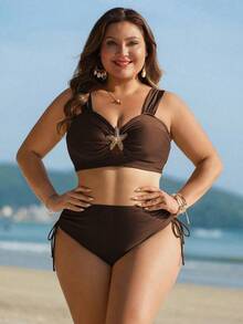 Swim Lushoire Set Pakaian Renang Pesta Pantai Wanita Ukuran Besar, Atasan Motif Bintang Laut Polos dengan Tali Lebar dan Tali Serut Samping di Pinggang serta Bawahan Segitiga - Coklat - View 3