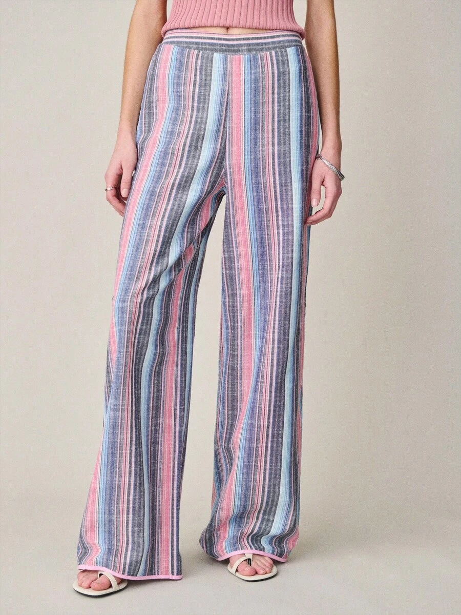 Nöista Wide-Leg Pants Vertical Stripes With A Elastic Waistband. Set, Co-Ords, Summer, Spring, Women. Woman Outfit. - Blue - View 1