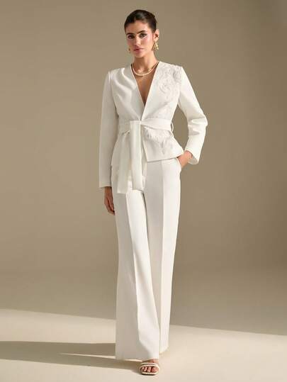 CLARA VERO Women's V-Neck Lace Beaded Applique White Belt Wide Leg Pants Suit