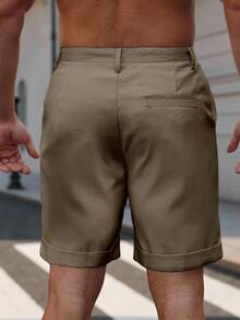 Manfinity CasualCool Pantalones cortos casuales de unicolor con dobladillo enrollado y bolsillo en diagonal para hombres de talla grande, para verano - Caqui - Ver 2